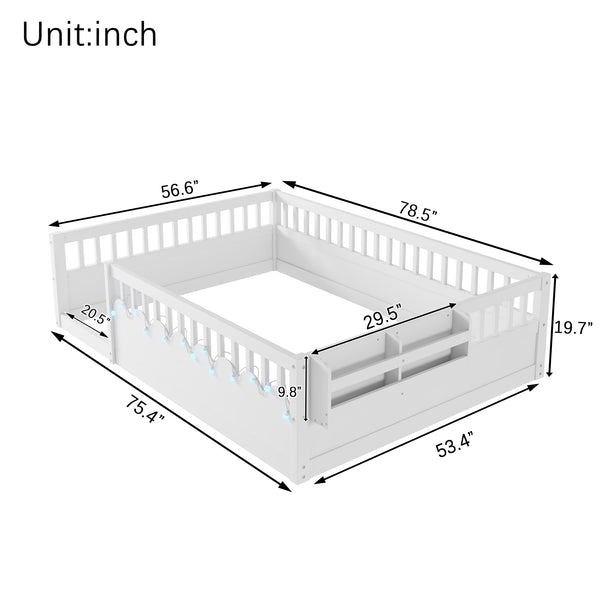 English Elm Full Montessori floor bed offering high rails, built-in light and shelf for safe independent sleep and storage White 79.13 L x 13 W x 6.3 H W2593P333586