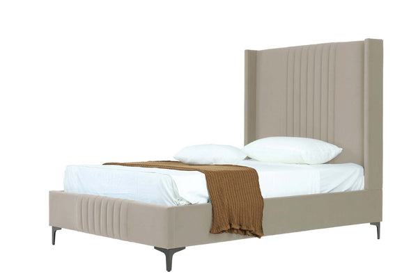 English Elm 48" Full Velvet Upholstered Bed Channel Tufted Headboard Mid-century Modern Bedroom Taupe B365S00158