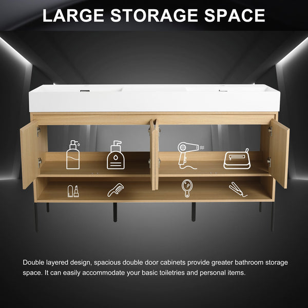 English Elm 60" Oak Bathroom Vanity Combo with Resin Basin, 4-Door Storage, Multi-Layer Wood Frame, Modern Elegance W1972S00011