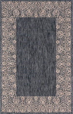 Unique Loom Outdoor Border Floral Border Machine Made Floral Rug Charcoal Gray, Beige/Gray 5' 1" x 8' 0"