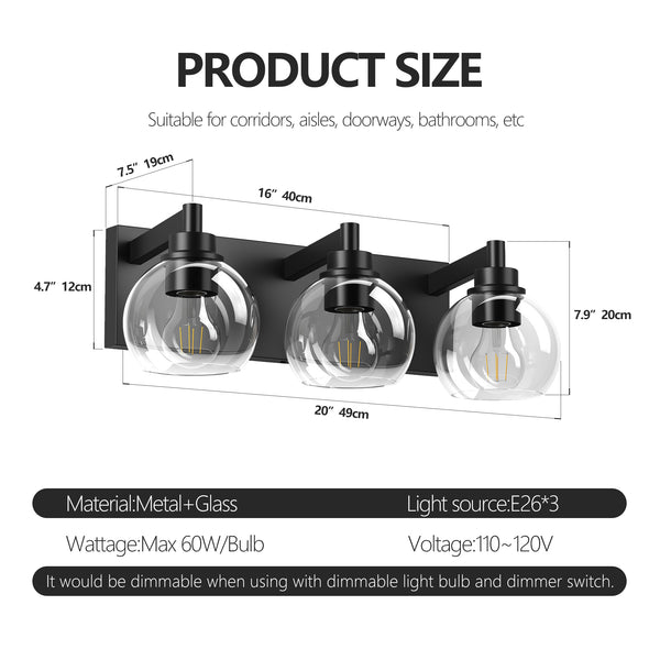 English Elm Bathroom Vanity Light - Modern 3-Light Fixture With Clear Glass Shades & Matte Black Metal Base W1340P353039