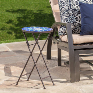 English Elm Christopher Knight Home® - Outdoor Folding Accent Table Ceramic Tile Glass Top with Iron Frame, Blue & White Patio Pop-up Charm 61300.00