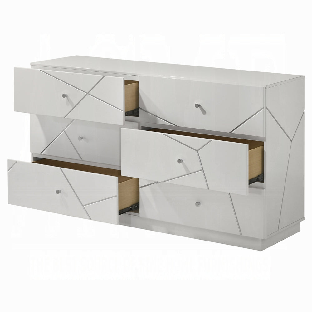 English Elm Ultra Modern white and silver 6-drawer dresser with embossed lines, smooth metal glides, luxe knobs Glossy White 66 L x 22 W x 40 H B2741P408966