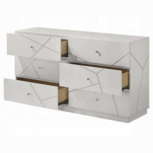 English Elm Ultra Modern white and silver 6-drawer dresser with embossed lines, smooth metal glides, luxe knobs Glossy White 66 L x 22 W x 40 H B2741P408966