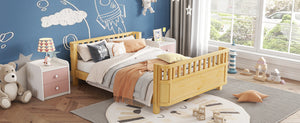 English Elm Full Full Size Wood Platform Bed for Kids with Guardrail, Solid Pine Construction, Low Profile, 350LB Capacity, Natural Finish W2593P367066