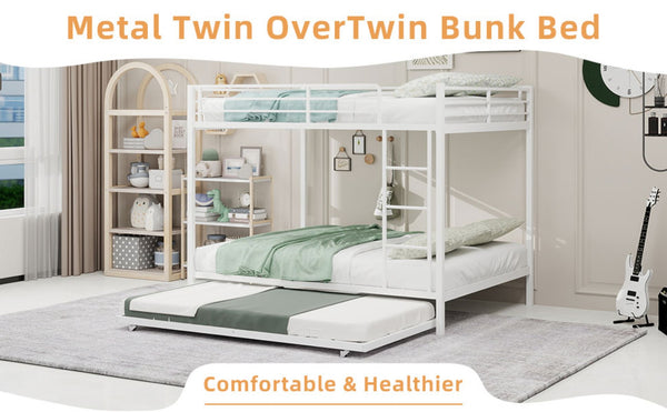 English Elm Durable Iron Bunk Bed with Trundle Safety Rails Kids Guest Twin Full Metal W1935P360857