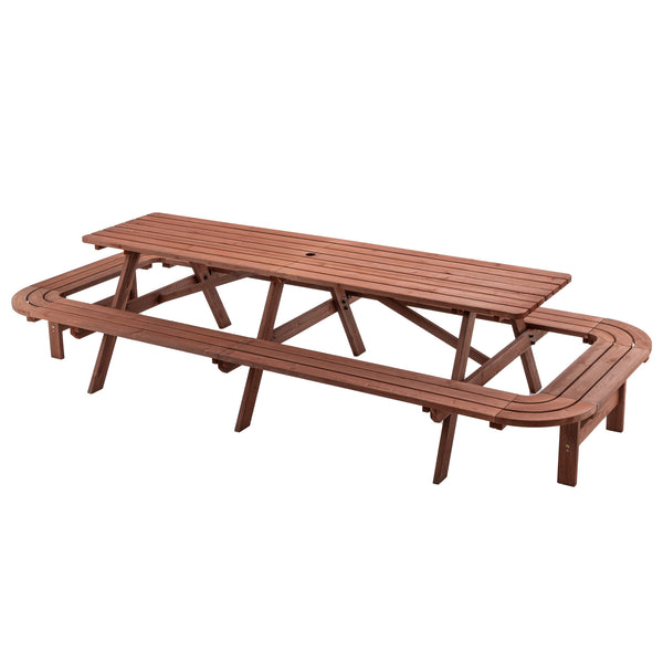 English Elm Brown 8-Foot Fir Wood Picnic Table with Benches for 14–16, 121" Outdoor Rectangle Dining Set with Umbrella Hole W1422P354886