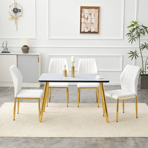 English Elm Table and Chair Set Marble Glass Top Gold Leg Modern Glam Dining Room 5 Piece W1151S04653