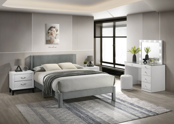 English Elm 1pc Plush Upholstered Headboard Queen Bed with Ribbed Texture, Low-Profile Frame and Sleek Modern Design Light Gray 45.3 L x 27 W x 6.9 H B2741P322604