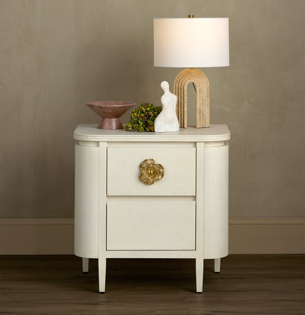 Briallen Elegant White Nightstand with Gold Floral Pull, Soft-Close Drawers & Safety Features