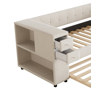 English Elm Twin Upholstered Bed with Trundle and Storage Drawers, USB Ports, French Velvet Luxurious Feel Beige SF000184AAA