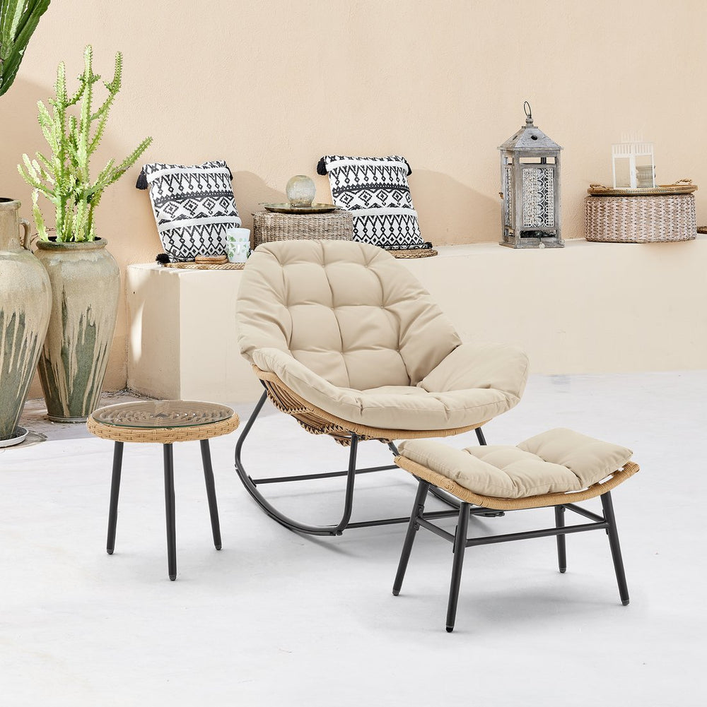 English Elm Benson 3-Piece Lounge Set Cream – Weatherproof PE Rattan, Tufted Cushions, Tempered Glass Table B365P397651