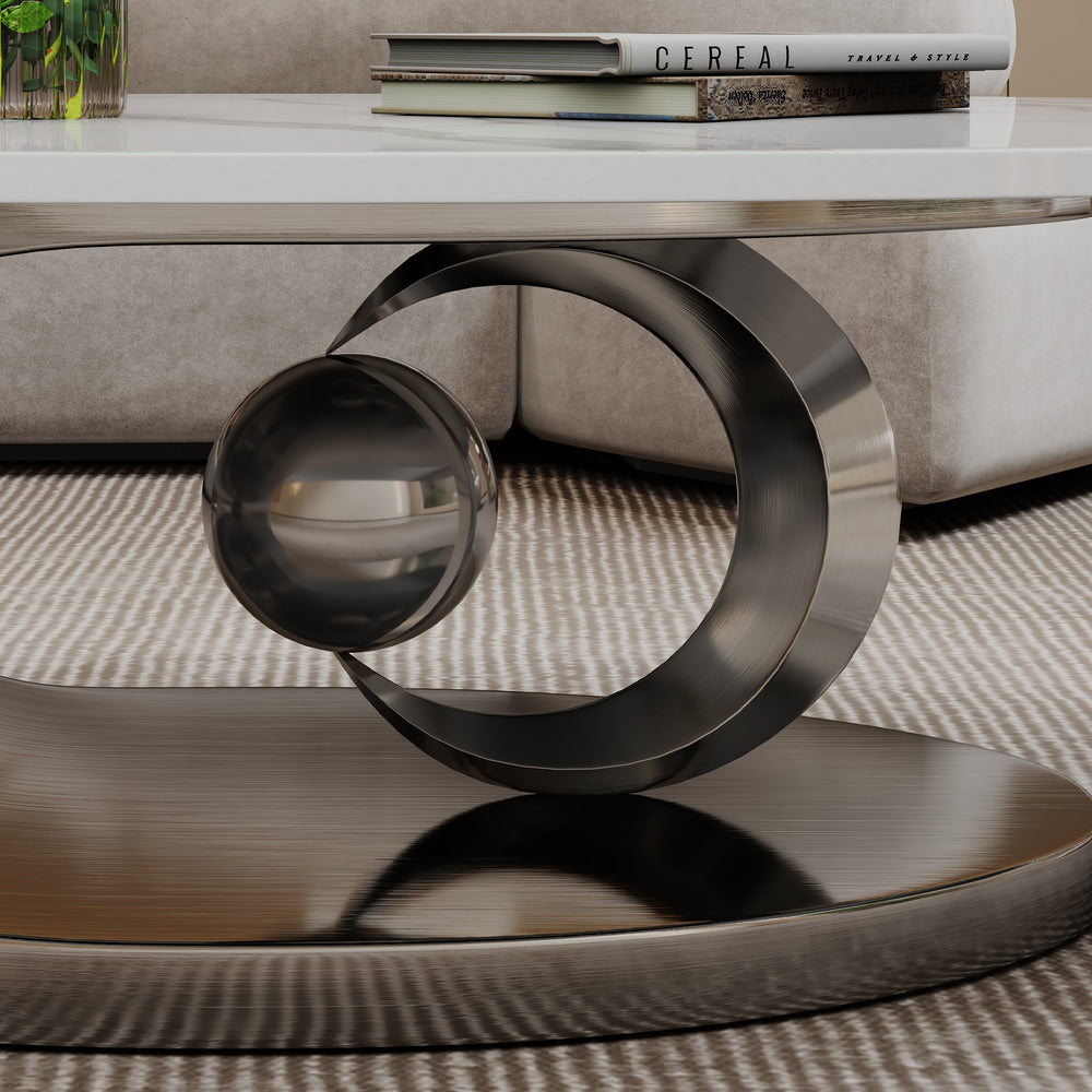 English Elm Marble Fish Belly Coffee Table with Sculptural Stainless Steel Base, Faux Marble Top, Leveling Feet W3136S00009
