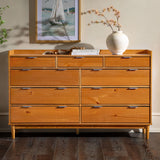 60" Solid Wood 9-Drawer Chest with Gallery Caramel BR9DRLEEDRCA-T Walker Edison