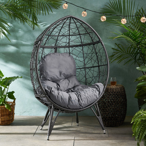 English Elm Christopher Knight Home® - GIANNI Teardrop Wicker Outdoor Chair with Water-Resistant Cushion, Handcrafted Faux Rattan Iron Frame Comfort Gray 65645.00GDGRY