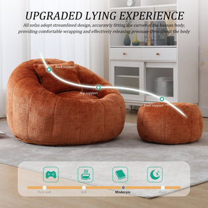 English Elm UNITED Cloud-Luxe Chenille Memory Foam Bean Bag Chair with Ottoman and Pillow for Ultimate Comfort Orange W1568P361695