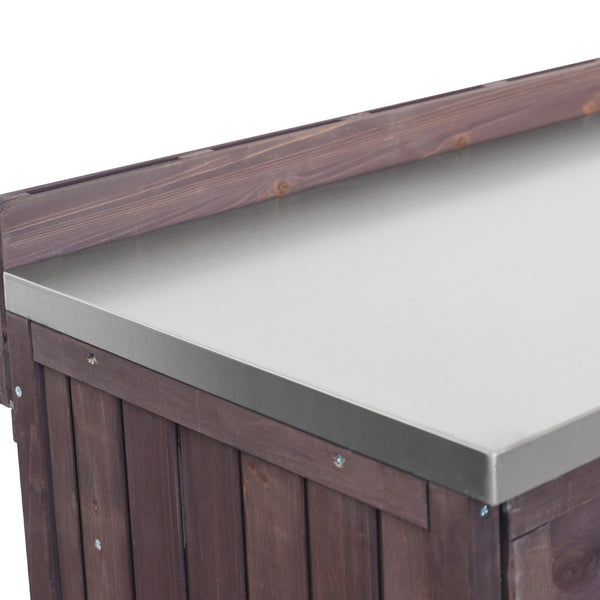 English Elm K&k Outdoor Prep Station Stainless Steel Top Fir Wood Cabinet with Drawer and Wheels Dark Brown N707P370273Z