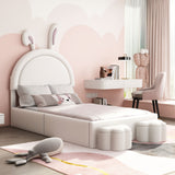 English Elm Twin Size Upholstered Rabbit-Shape Bed With 2 Storage Stools, Velvet Platform Bed With Cartoon Ears Shaped Headboard, White