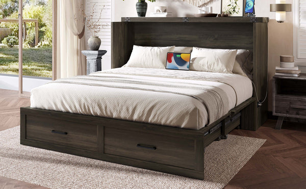 English Elm Murphy Full-Size Cabinet Bed with Built-In Charging Station, Storage Drawer & 700lb Capacity Comfort Gray 57.25 L x 27 W x 6 H N733S293997G
