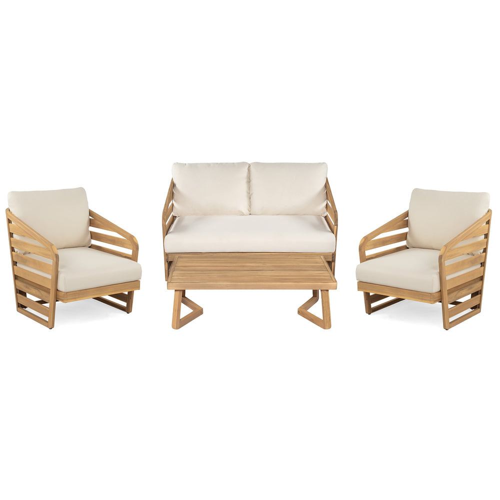 English Elm Christopher Knight Home® - Royal Acacia Wood 4-Piece Patio Chat Set with Teak Finish, Water-Repellent Beige Cushions, Durable N773OC00029B