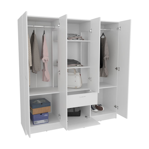 English Elm Mitu Six Doors Armoire White - 71.2" High MDF Wardrobe with 7 Shelves, Hanging Rods & Spacious Drawer B200S00426