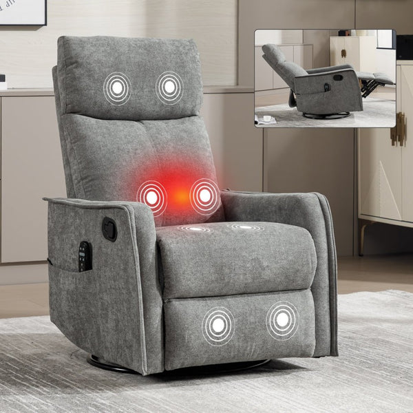 English Elm Heat Massage Rocker Swivel Recliner Fabric Chair with Lumbar Therapy for Living Room Grey W1803P362293