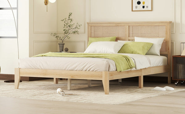 English Elm Queen Size Solid Rubberwood Bed With Rattan Headboard – Durable, Stylish & Space-Saving Design! W504P184305-GIGA