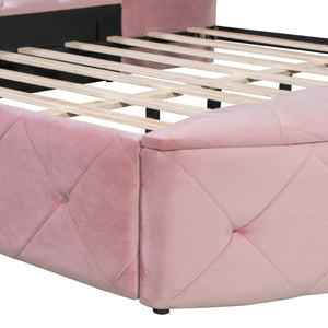 English Elm Upholstered Queen Platform Bed Velvet Wingback Frame with Storage Drawer and Side Stools Pink LP200815AAH