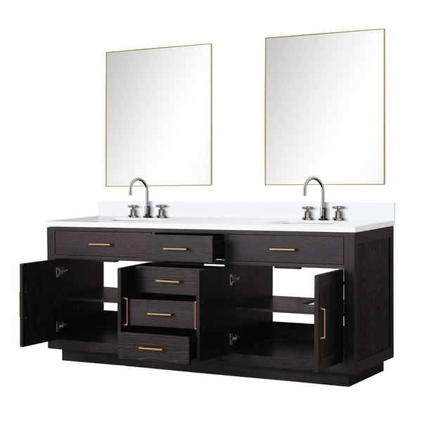 English Elm Black Oak Double Bath Vanity Set With Cultured Marble Top, Chrome Faucets & Two Frameless Mirrors B2731S02180