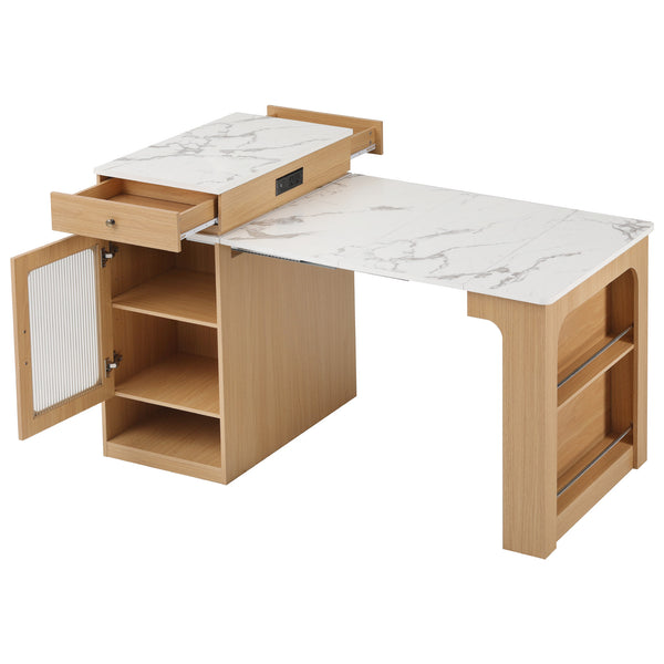 English Elm K&K Modern Extendable 59.5" Kitchen Island with Double-Sided Storage, Power Outlet & Casters Natural N707S000017Y