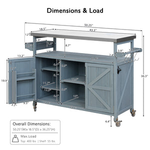 English Elm K&K Outdoor Kitchen Island Rolling Bar Cart with 1.2" Stainless Steel Top, Ample Storage, Wheels and Spice Rack Grey+Blue WF532198AAG