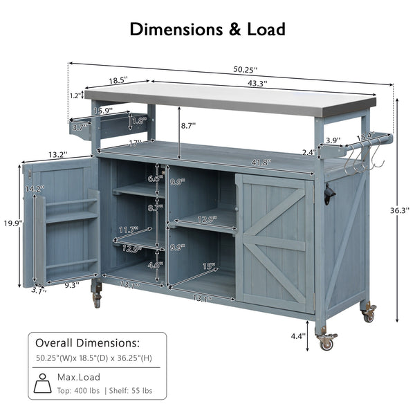 English Elm K&K Outdoor Kitchen Island Rolling Bar Cart with 1.2" Stainless Steel Top, Ample Storage, Wheels and Spice Rack Grey+Blue WF532198AAG
