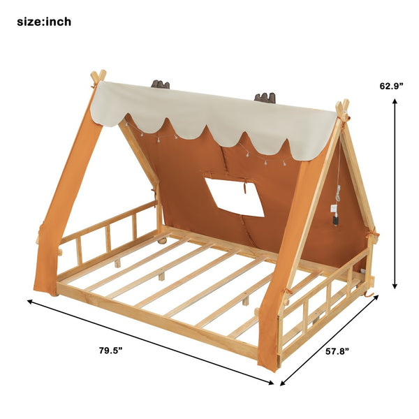 English Elm Twin Cabin Bed with Detachable Tent Skylight and Woodland Deer Antler Accents Brown N708P356717D