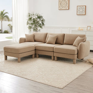 English Elm Boucle Fabric L-Shape Sectional Sofa With Removable Ottoman & Shell-Shaped Armrests In Coffee Color W3041S00285