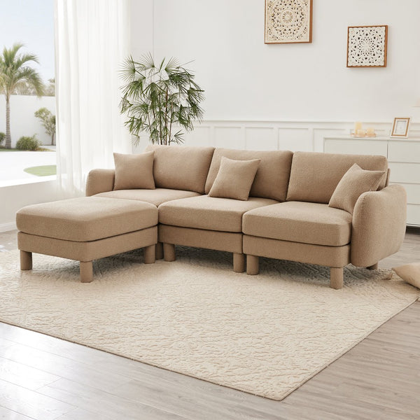 English Elm Boucle Fabric L-Shape Sectional Sofa With Removable Ottoman & Shell-Shaped Armrests In Coffee Color W3041S00285