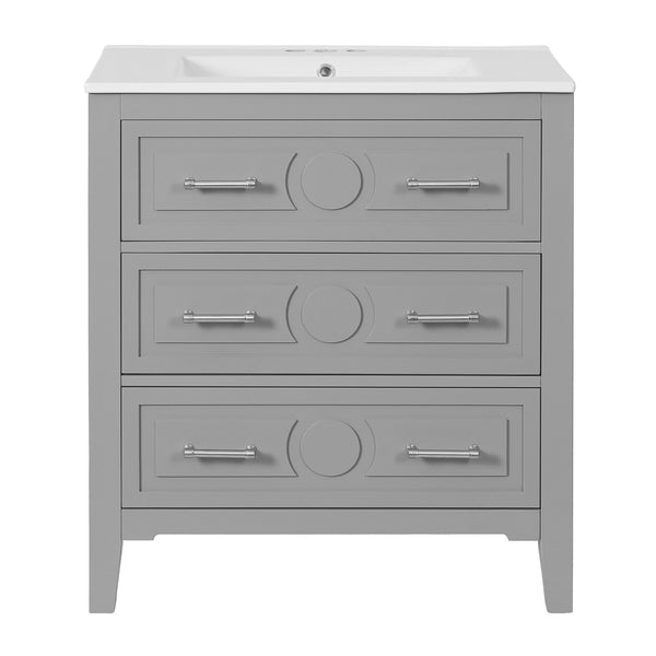 English Elm 60'' Freestanding Bathroom Vanity Set With Ceramic Sink, Gray Wood Frame & 3 Soft-Close Drawers N710SS00003E