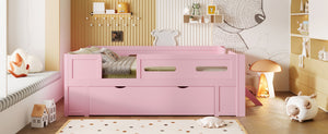English Elm Wood Twin Platform Bed for Kids with Fence Guardrail and Under Storage Drawer Pink N709P385777H