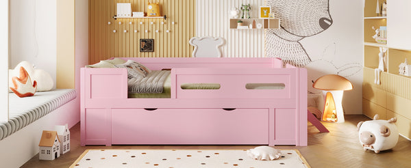 English Elm Wood Twin Platform Bed for Kids with Fence Guardrail and Under Storage Drawer Pink N709P385777H
