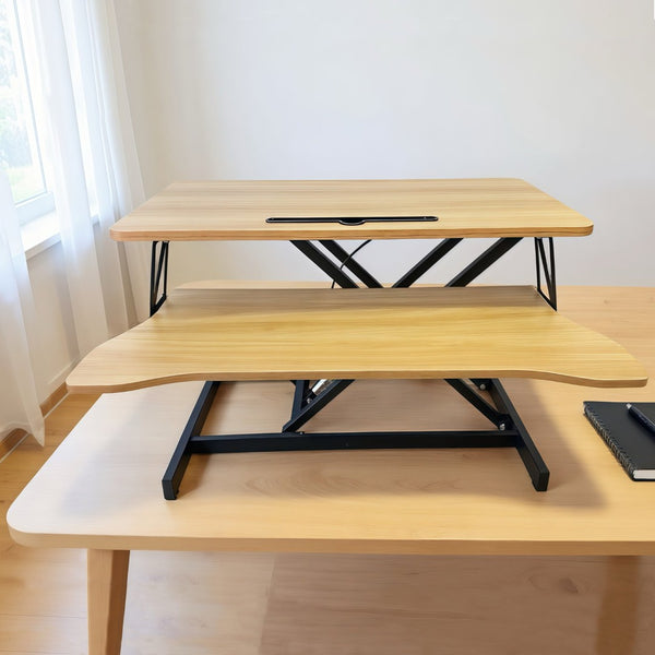 English Elm 32 Inch Sit Stand Desk Converter with Keyboard Tray Dual Monitor Ergonomic Riser Black,Natural W2641P406128