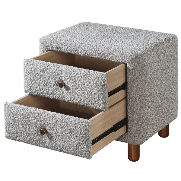 English Elm Grey Boucle Curved 2-Drawer Upholstered Nightstand with Wooden Legs — Midcentury Chic Storage Accent B062P209004