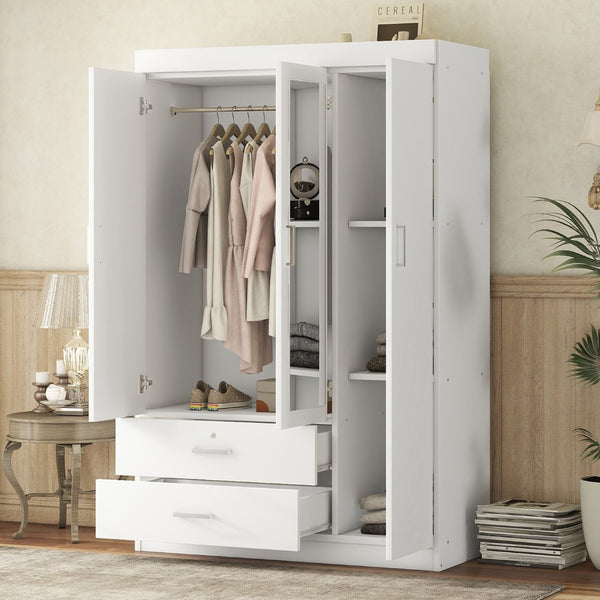 English Elm 3-door Wardrobe with Full Length Mirror Lockable Drawer and Bedroom Shelf Storage White LP006601AAK