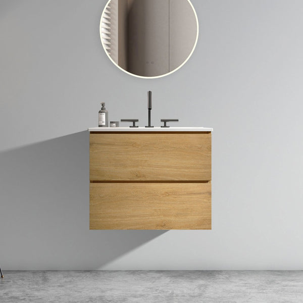 English Elm Wall Mount 24" Natural Oak Floating Bathroom Vanity With Ceramic Sink & Large Storage Solutions W1865S00049-GIGA