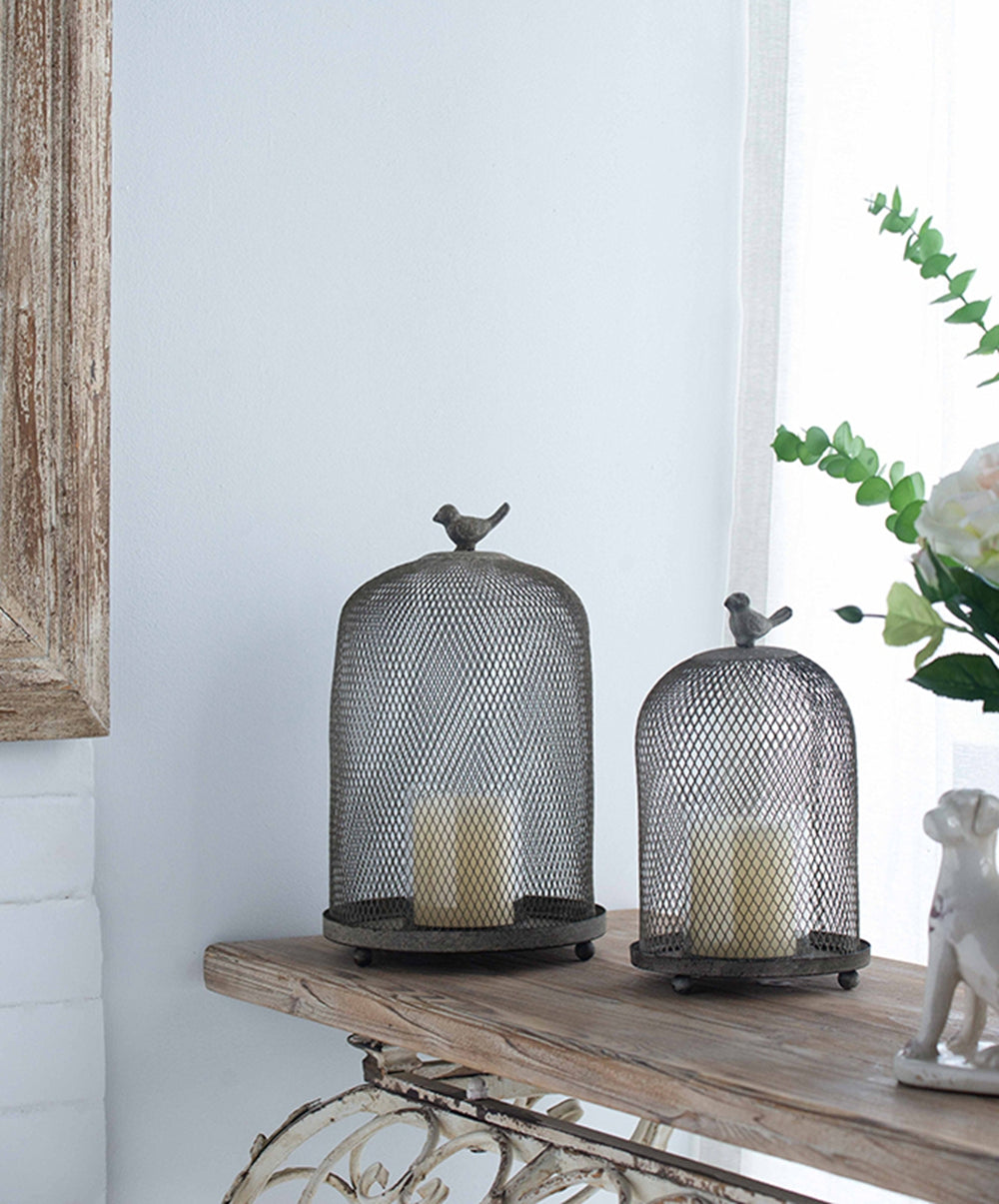 English Elm Set of 2 Ophira Sparrow Antique Gray Mesh Candle Holders with Bird Accent — Cottage Farmhouse Décor, Versatile Display for Candles, Succulents, Treasures W2078P209991
