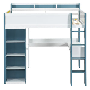 English Elm Full Size Wood Loft Bed With Desk, Storage Shelves & Clothes Rails - Modern Space-Saving Design N7090005007C