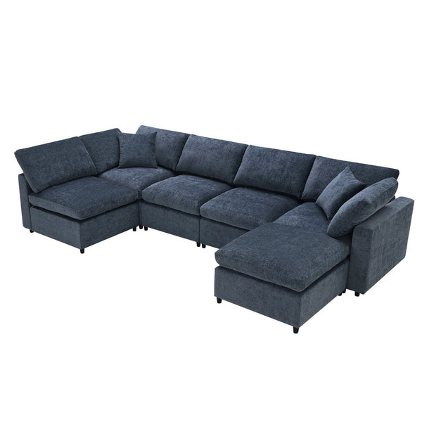 English Elm [new Sku] Chenille Modular Sectional Sleeper Sofa with Ottoman Six Seat U Shape Living Room Dark Blue N723S8583K