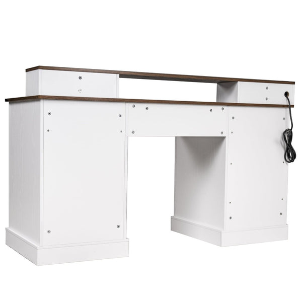 English Elm 59" Fluted Oak L-shaped Corner Desk with Charging Station Monitor Stand and File Storage White W2917S00006