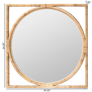 English Elm Japandi Round Rattan Wall Mirror Openwork Square Frame Organic Handcrafted Accent B2750P420418