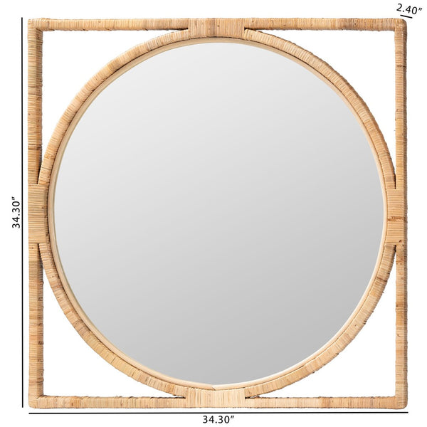 English Elm Japandi Round Rattan Wall Mirror Openwork Square Frame Organic Handcrafted Accent B2750P420418