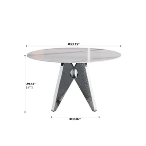 English Elm 53" Round Marble Dining Table - Elegant Silver Stainless Steel Base For 6, Perfect For Modern Spaces W1535S00389