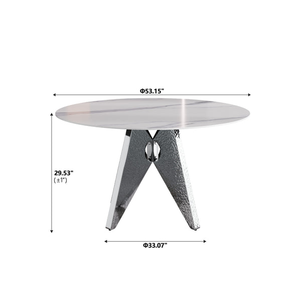 English Elm 53" Round Marble Dining Table - Elegant Silver Stainless Steel Base For 6, Perfect For Modern Spaces W1535S00389